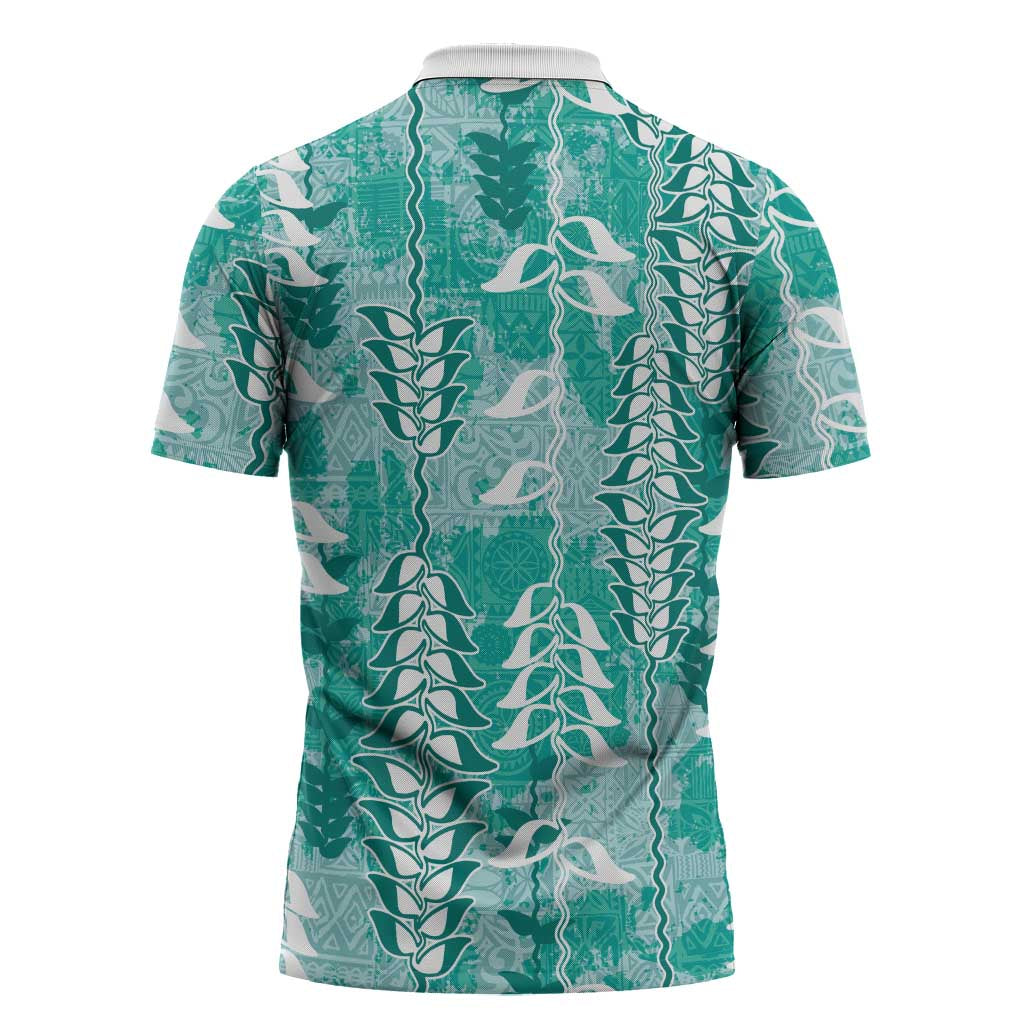 Teal Hawaii Tapa Pattern Zipper Polo Shirt With Heliconia Vintage Style