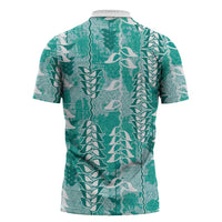Teal Hawaii Tapa Pattern Zipper Polo Shirt With Heliconia Vintage Style