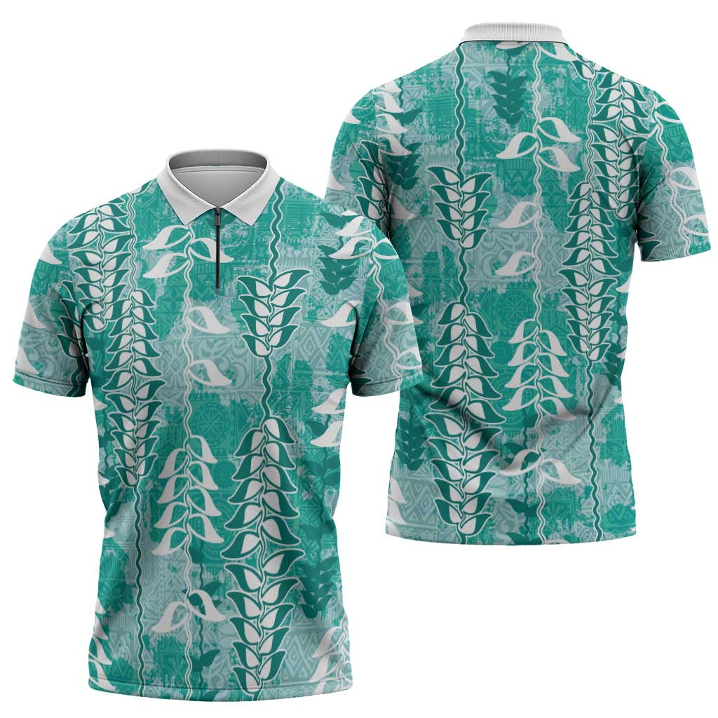 Teal Hawaii Tapa Pattern Zipper Polo Shirt With Heliconia Vintage Style