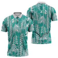 Teal Hawaii Tapa Pattern Zipper Polo Shirt With Heliconia Vintage Style