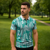 Teal Hawaii Tapa Pattern Zipper Polo Shirt With Heliconia Vintage Style