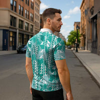 Teal Hawaii Tapa Pattern Zipper Polo Shirt With Heliconia Vintage Style