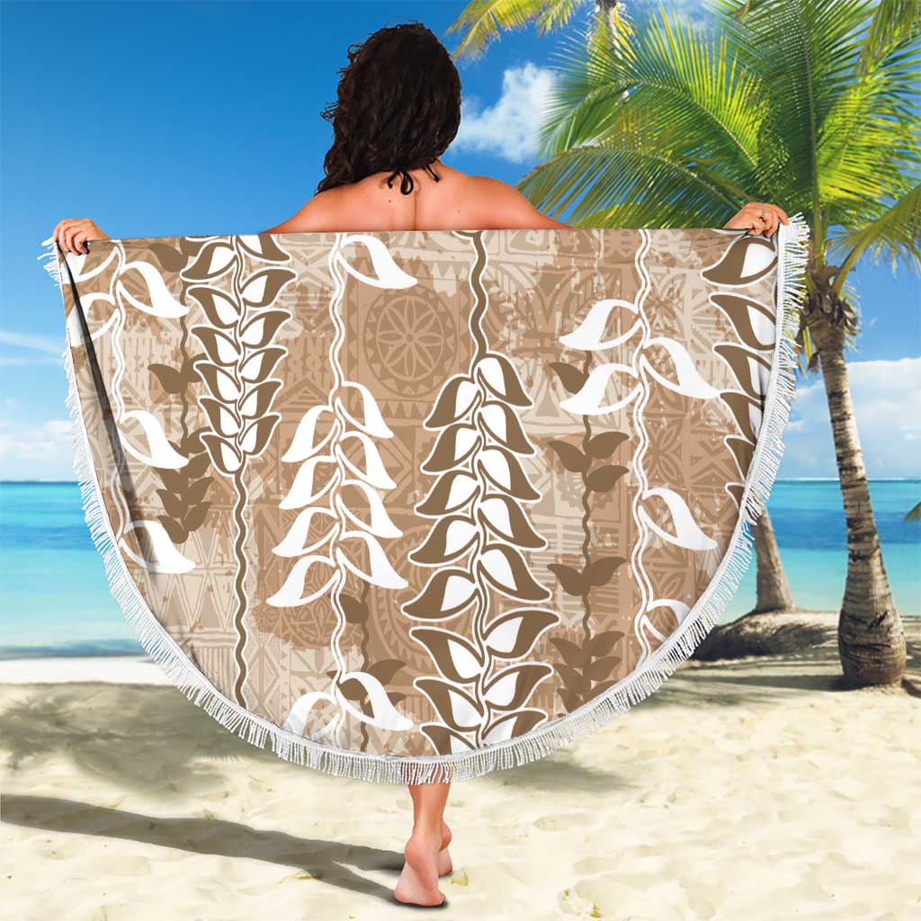 Beige Hawaii Tapa Pattern Beach Blanket With Heliconia Vintage Style