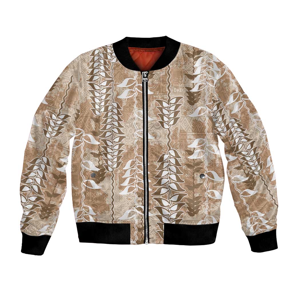 Beige Hawaii Tapa Pattern Bomber Jacket With Heliconia Vintage Style