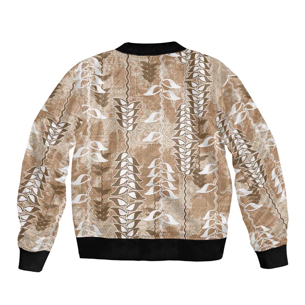 Beige Hawaii Tapa Pattern Bomber Jacket With Heliconia Vintage Style