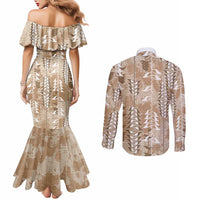 Beige Hawaii Tapa Pattern Couples Matching Mermaid Dress and Long Sleeve Button Shirt With Heliconia Vintage Style LT05 - Polynesian Pride