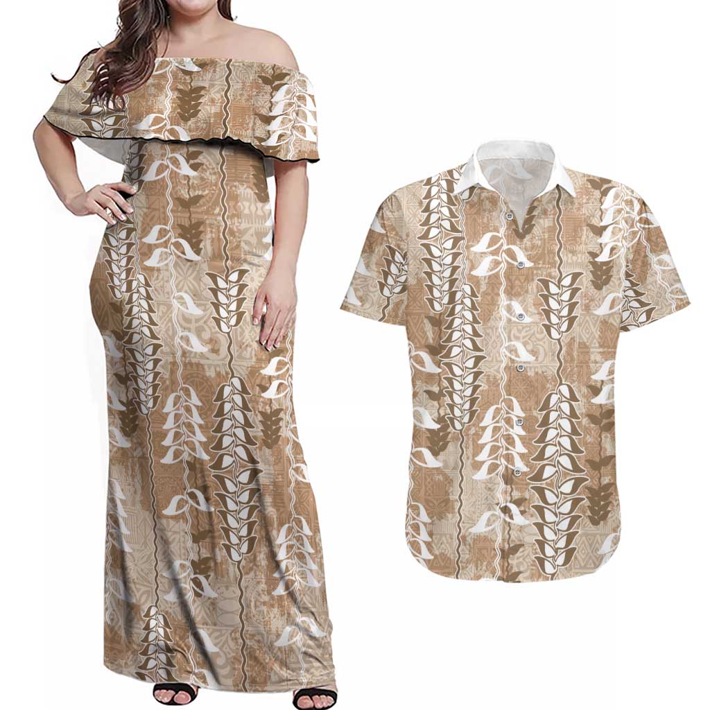 Beige Hawaii Tapa Pattern Couples Matching Off Shoulder Maxi Dress and Hawaiian Shirt With Heliconia Vintage Style LT05 Beige - Polynesian Pride