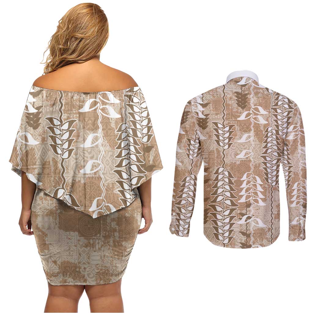 Beige Hawaii Tapa Pattern Couples Matching Off Shoulder Short Dress and Long Sleeve Button Shirt With Heliconia Vintage Style LT05 - Polynesian Pride