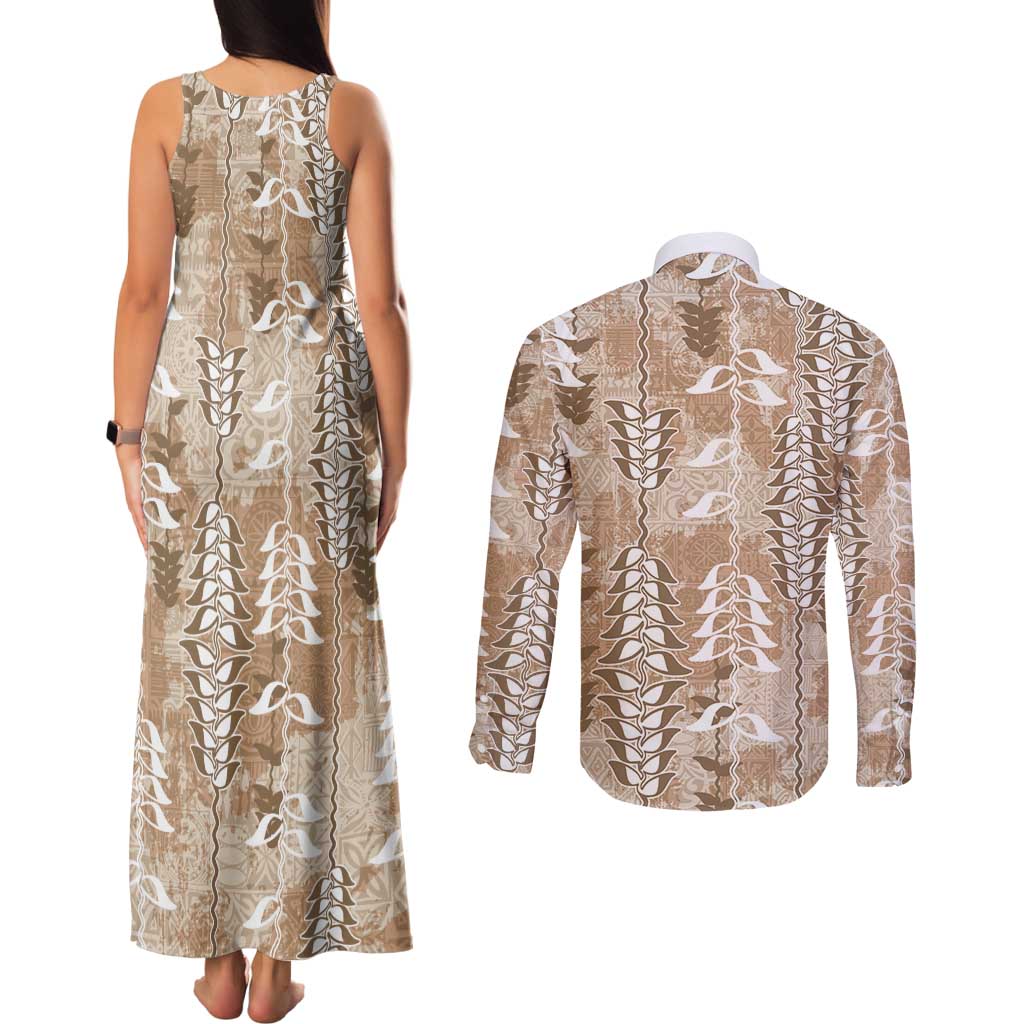 Beige Hawaii Tapa Pattern Couples Matching Tank Maxi Dress and Long Sleeve Button Shirt With Heliconia Vintage Style