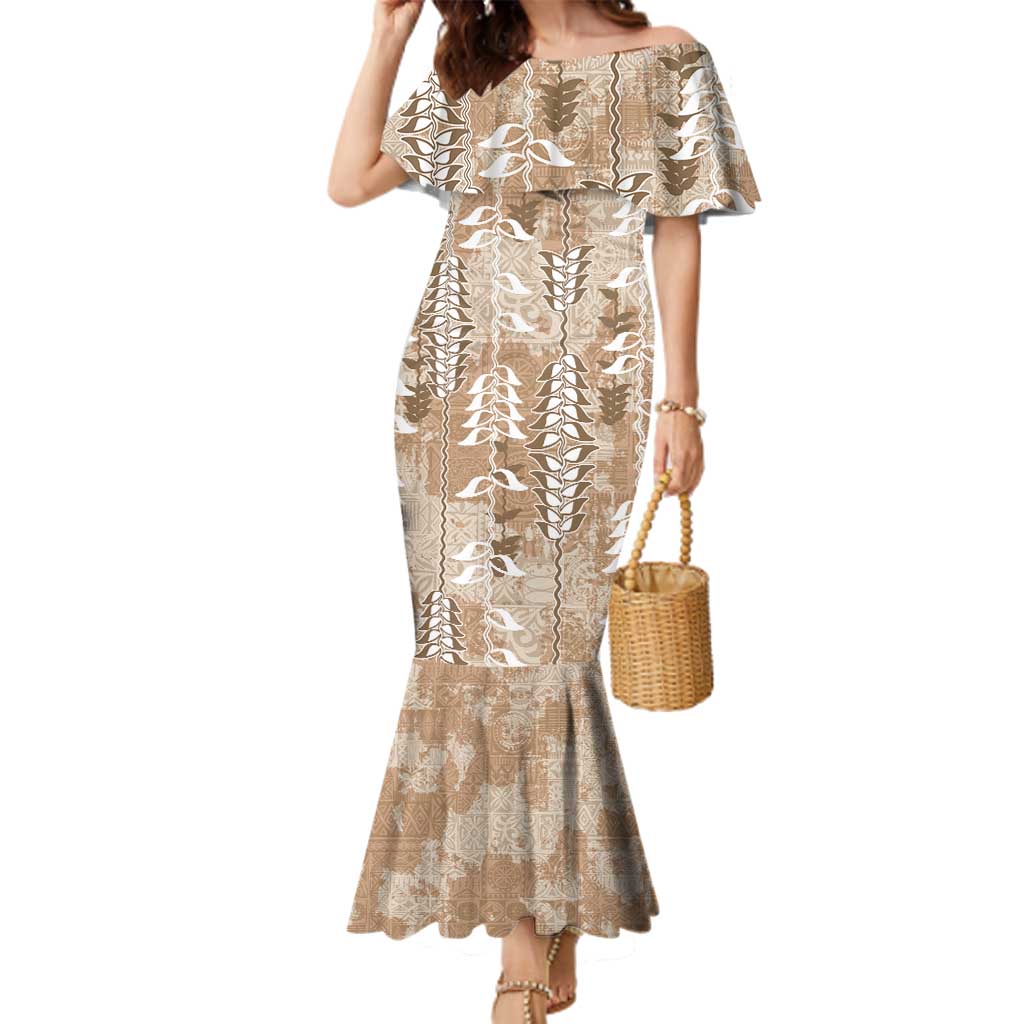 Beige Hawaii Tapa Pattern Family Matching Mermaid Dress and Hawaiian Shirt With Heliconia Vintage Style