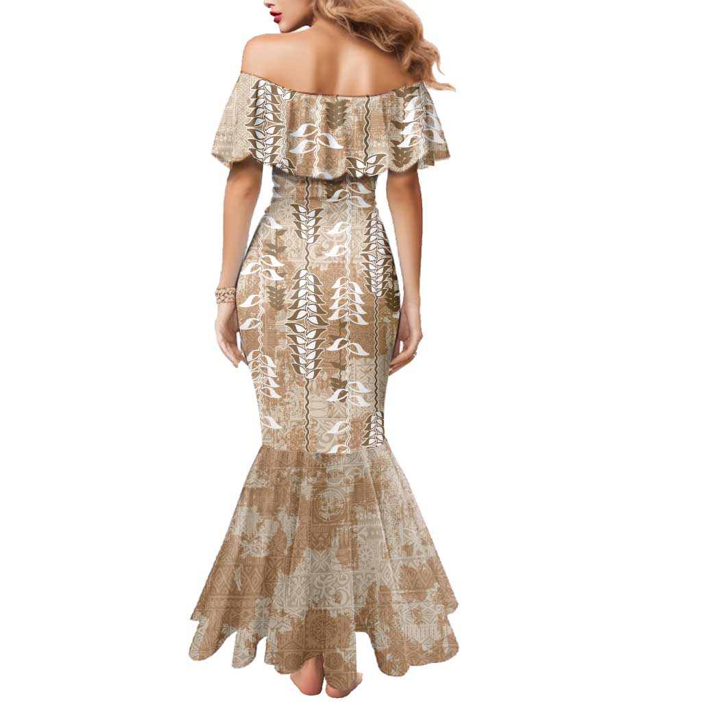 Beige Hawaii Tapa Pattern Family Matching Mermaid Dress and Hawaiian Shirt With Heliconia Vintage Style