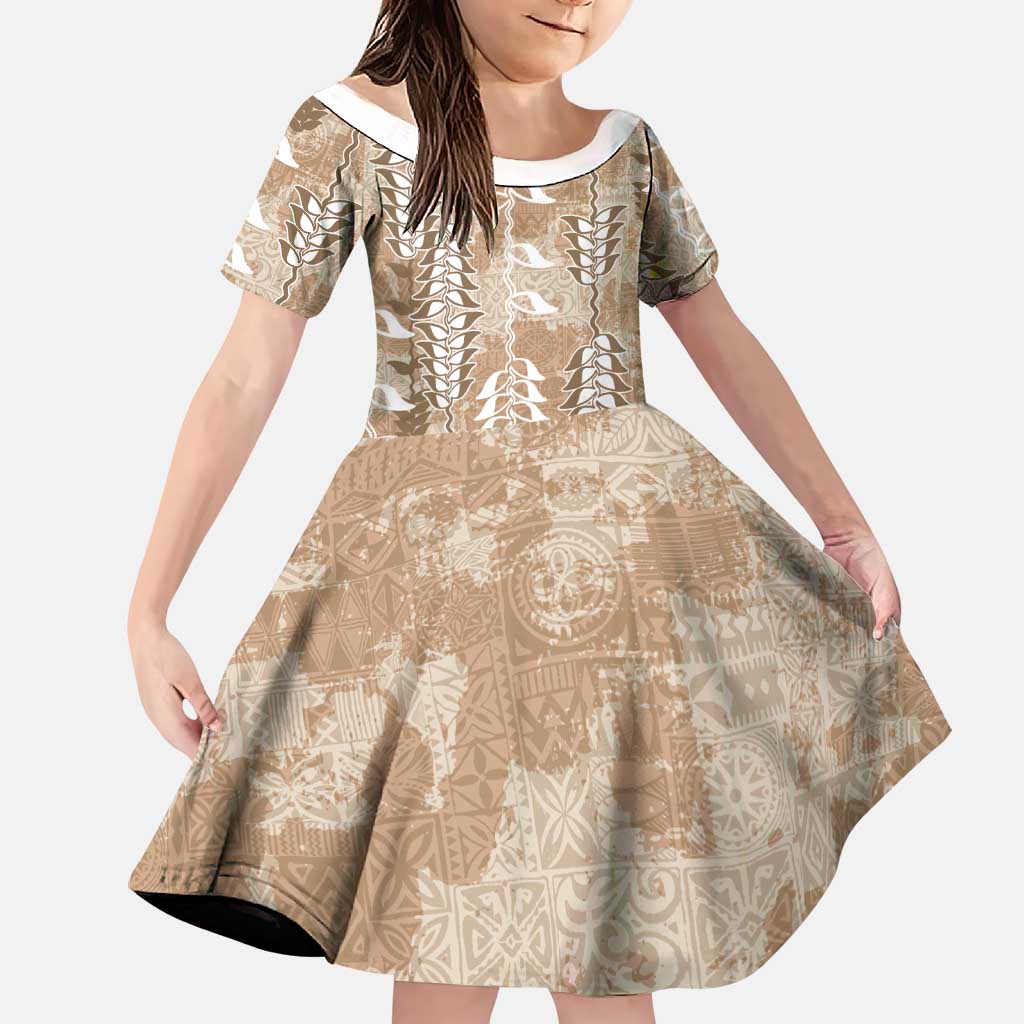 Beige Hawaii Tapa Pattern Family Matching Off Shoulder Maxi Dress and Hawaiian Shirt With Heliconia Vintage Style