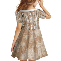 Beige Hawaii Tapa Pattern Family Matching Off Shoulder Short Dress and Hawaiian Shirt With Heliconia Vintage Style