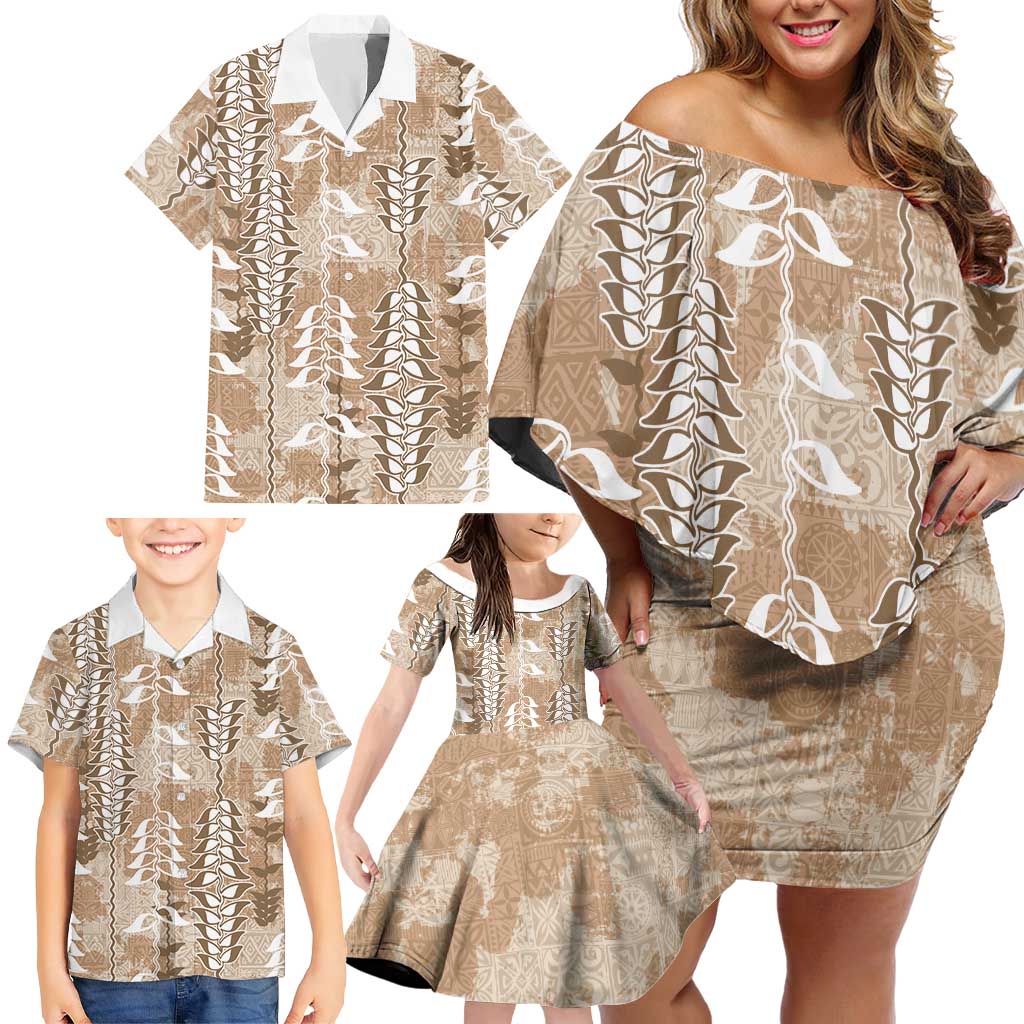 Beige Hawaii Tapa Pattern Family Matching Off Shoulder Short Dress and Hawaiian Shirt With Heliconia Vintage Style