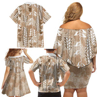 Beige Hawaii Tapa Pattern Family Matching Off Shoulder Short Dress and Hawaiian Shirt With Heliconia Vintage Style