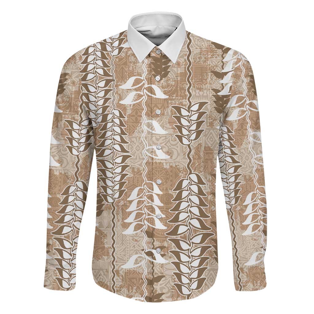 Beige Hawaii Tapa Pattern Family Matching Off Shoulder Short Dress and Hawaiian Shirt With Heliconia Vintage Style