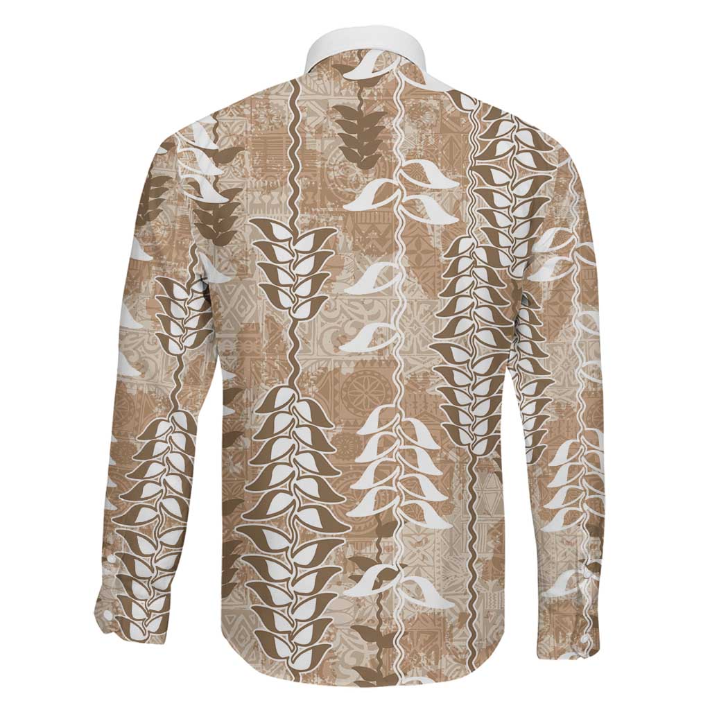 Beige Hawaii Tapa Pattern Family Matching Off Shoulder Short Dress and Hawaiian Shirt With Heliconia Vintage Style