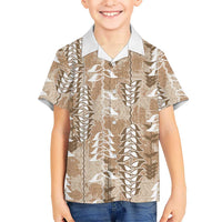 Beige Hawaii Tapa Pattern Family Matching Off Shoulder Short Dress and Hawaiian Shirt With Heliconia Vintage Style