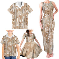 Beige Hawaii Tapa Pattern Family Matching Tank Maxi Dress and Hawaiian Shirt With Heliconia Vintage Style