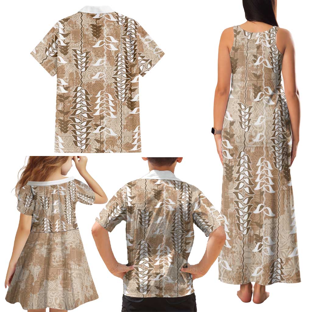 Beige Hawaii Tapa Pattern Family Matching Tank Maxi Dress and Hawaiian Shirt With Heliconia Vintage Style
