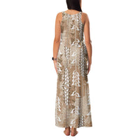 Beige Hawaii Tapa Pattern Family Matching Tank Maxi Dress and Hawaiian Shirt With Heliconia Vintage Style