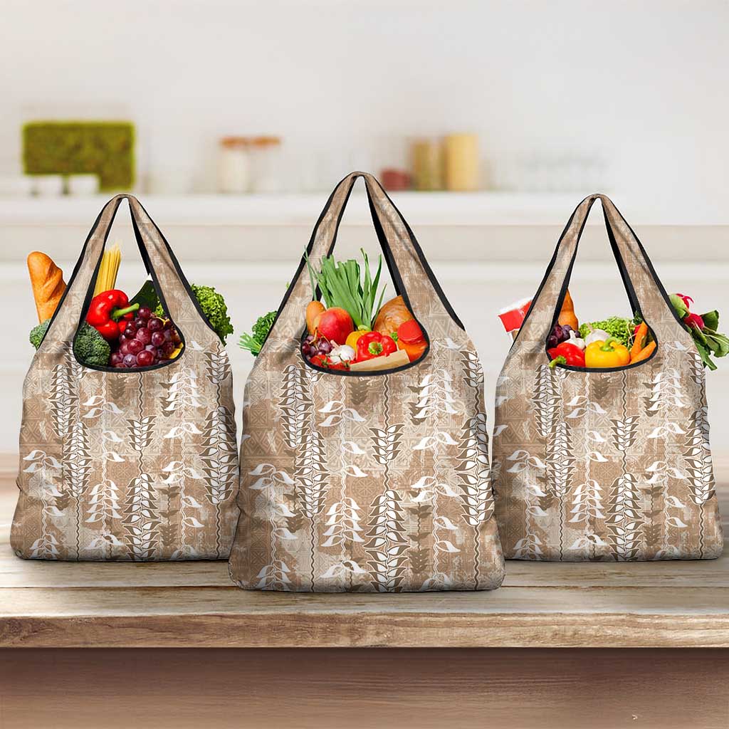 Beige Hawaii Tapa Pattern Grocery Bag With Heliconia Vintage Style LT05 3-pack One Size Beige - Polynesian Pride