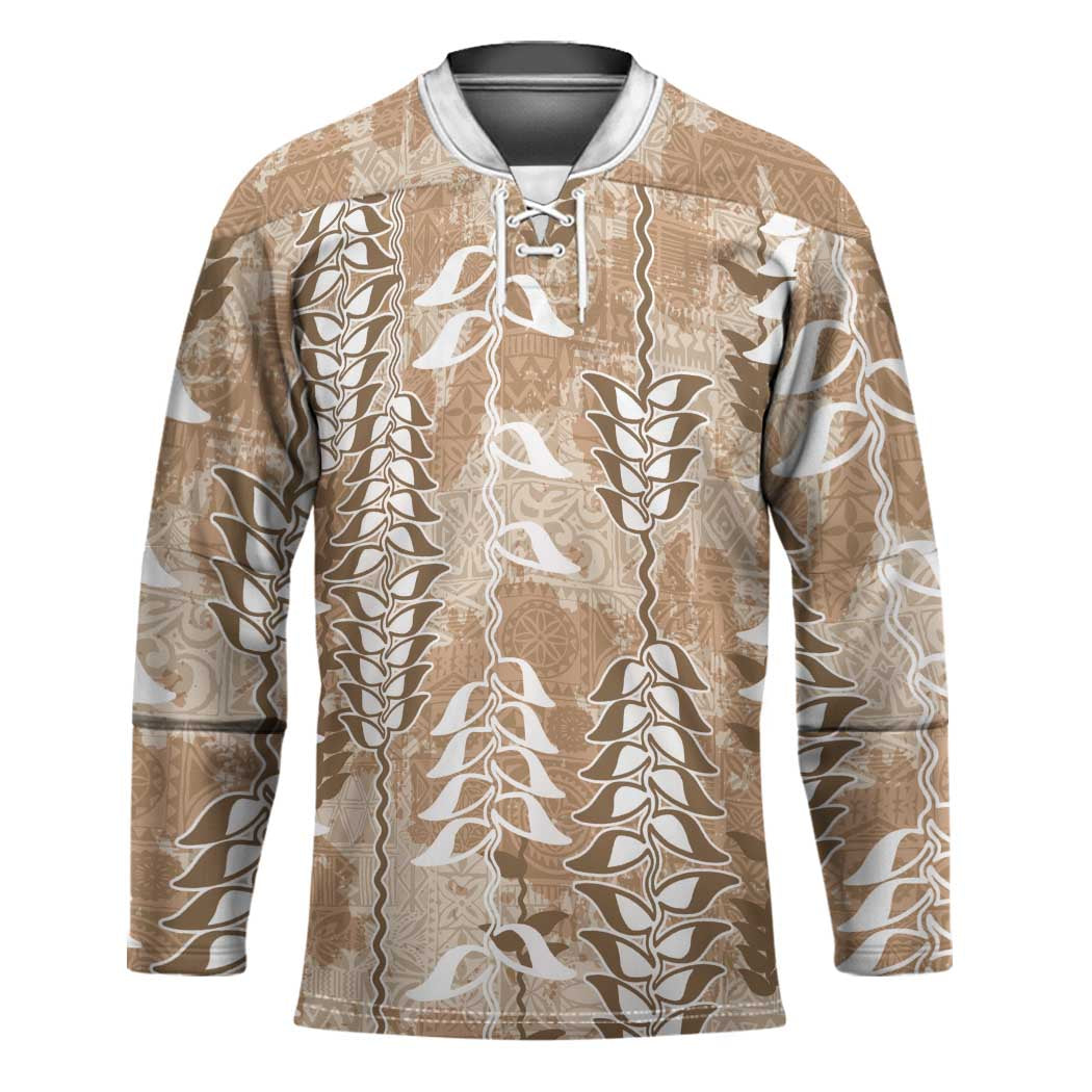 Beige Hawaii Tapa Pattern Hockey Jersey With Heliconia Vintage Style LT05 Unisex Beige - Polynesian Pride
