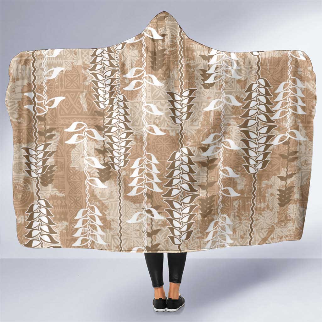 Beige Hawaii Tapa Pattern Hooded Blanket With Heliconia Vintage Style LT05 One Size Beige - Polynesian Pride