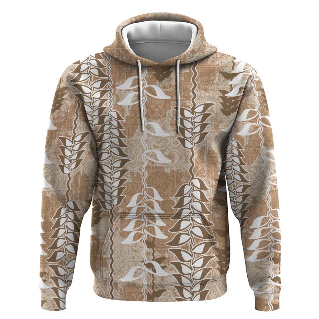 Beige Hawaii Tapa Pattern Hoodie With Heliconia Vintage Style LT05 Pullover Hoodie Beige - Polynesian Pride