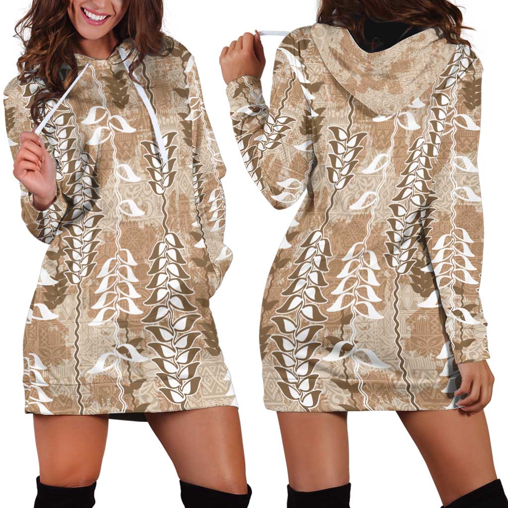 Beige Hawaii Tapa Pattern Hoodie Dress With Heliconia Vintage Style LT05 - Polynesian Pride