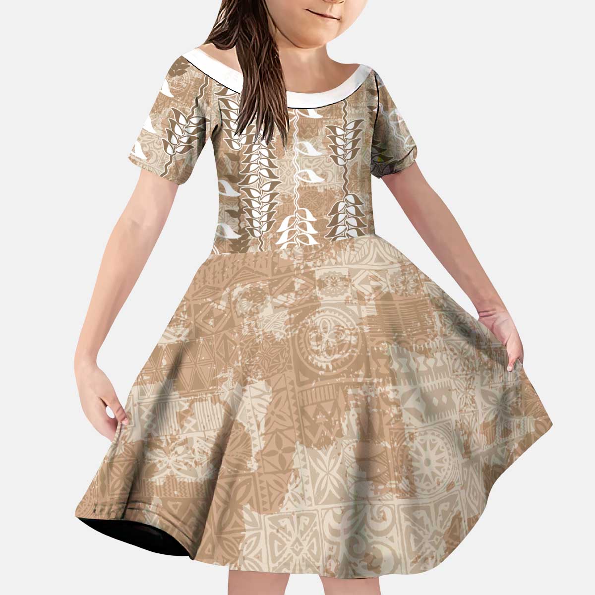 Beige Hawaii Tapa Pattern Kid Short Sleeve Dress With Heliconia Vintage Style LT05 KID Beige - Polynesian Pride