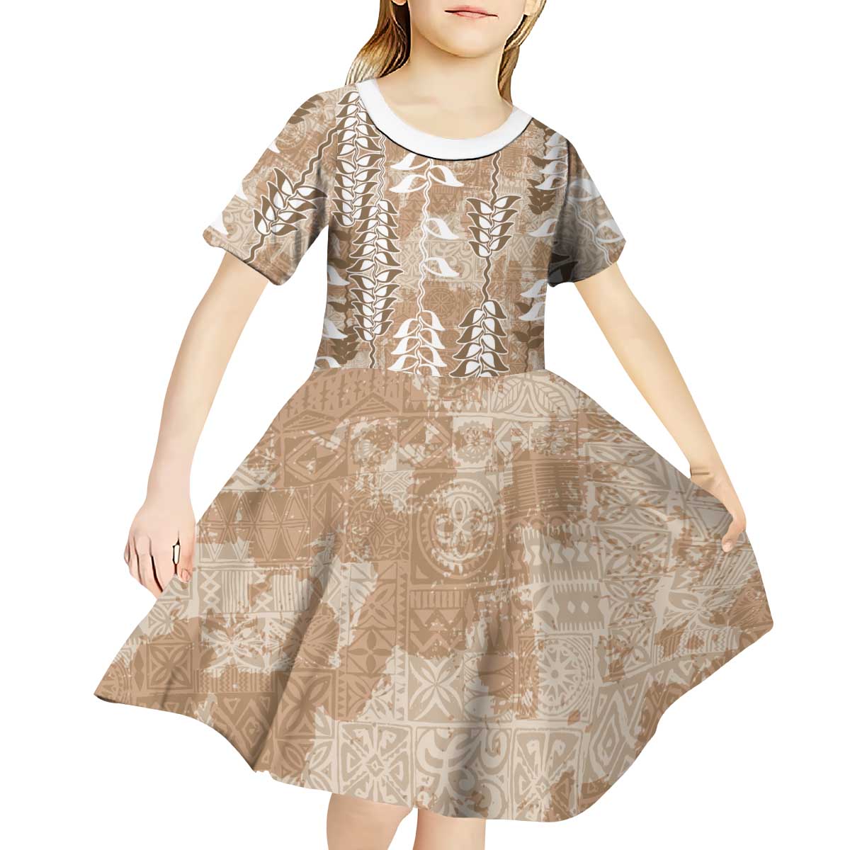 Beige Hawaii Tapa Pattern Kid Short Sleeve Dress With Heliconia Vintage Style LT05 - Polynesian Pride
