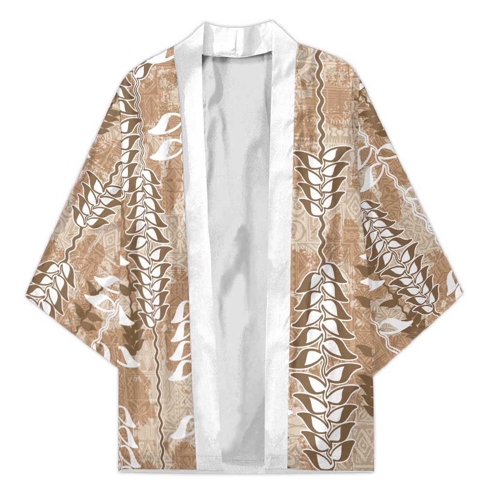 Beige Hawaii Tapa Pattern Kimono With Heliconia Vintage Style LT05 Unisex Beige - Polynesian Pride