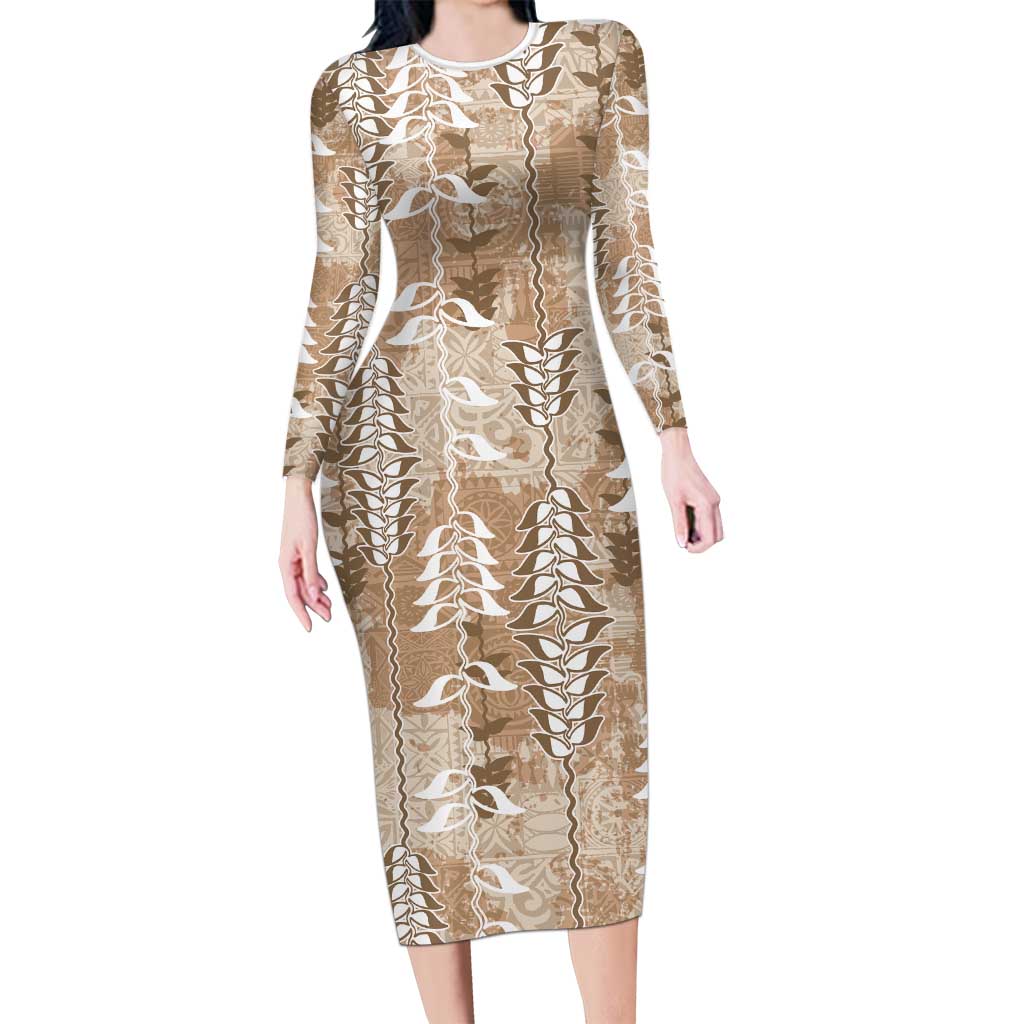Beige Hawaii Tapa Pattern Long Sleeve Bodycon Dress With Heliconia Vintage Style LT05 Long Dress Beige - Polynesian Pride