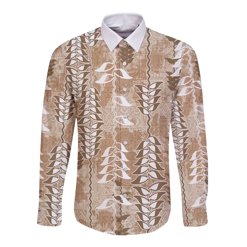 Beige Hawaii Tapa Pattern Long Sleeve Button Shirt With Heliconia Vintage Style