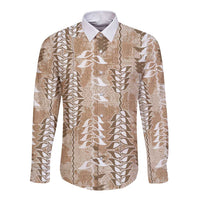 Beige Hawaii Tapa Pattern Long Sleeve Button Shirt With Heliconia Vintage Style