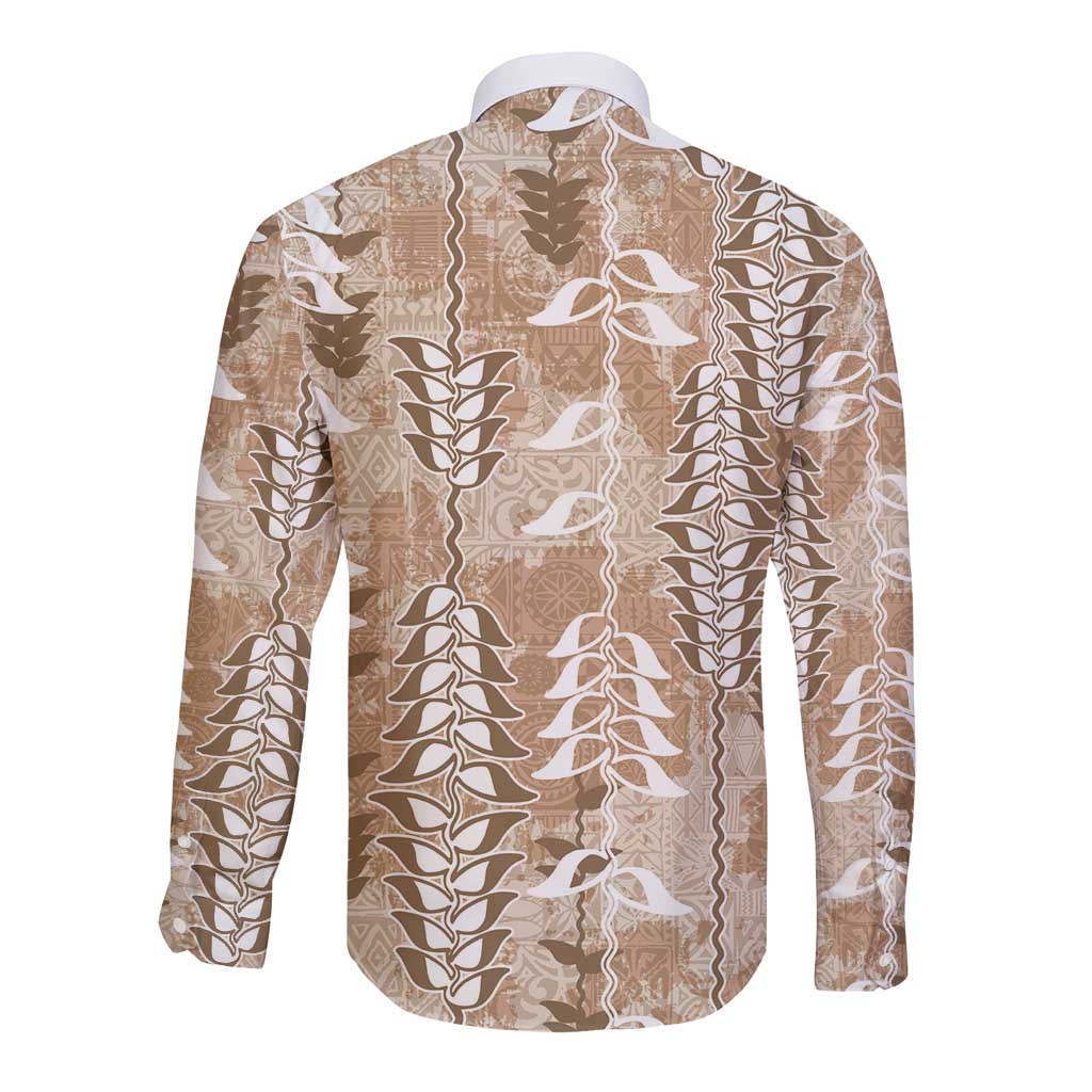 Beige Hawaii Tapa Pattern Long Sleeve Button Shirt With Heliconia Vintage Style