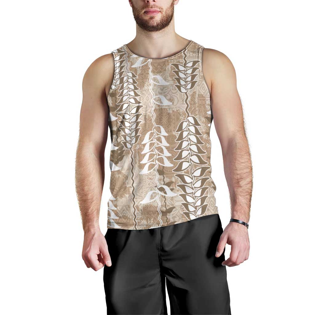 Beige Hawaii Tapa Pattern Men Tank Top With Heliconia Vintage Style LT05 - Polynesian Pride