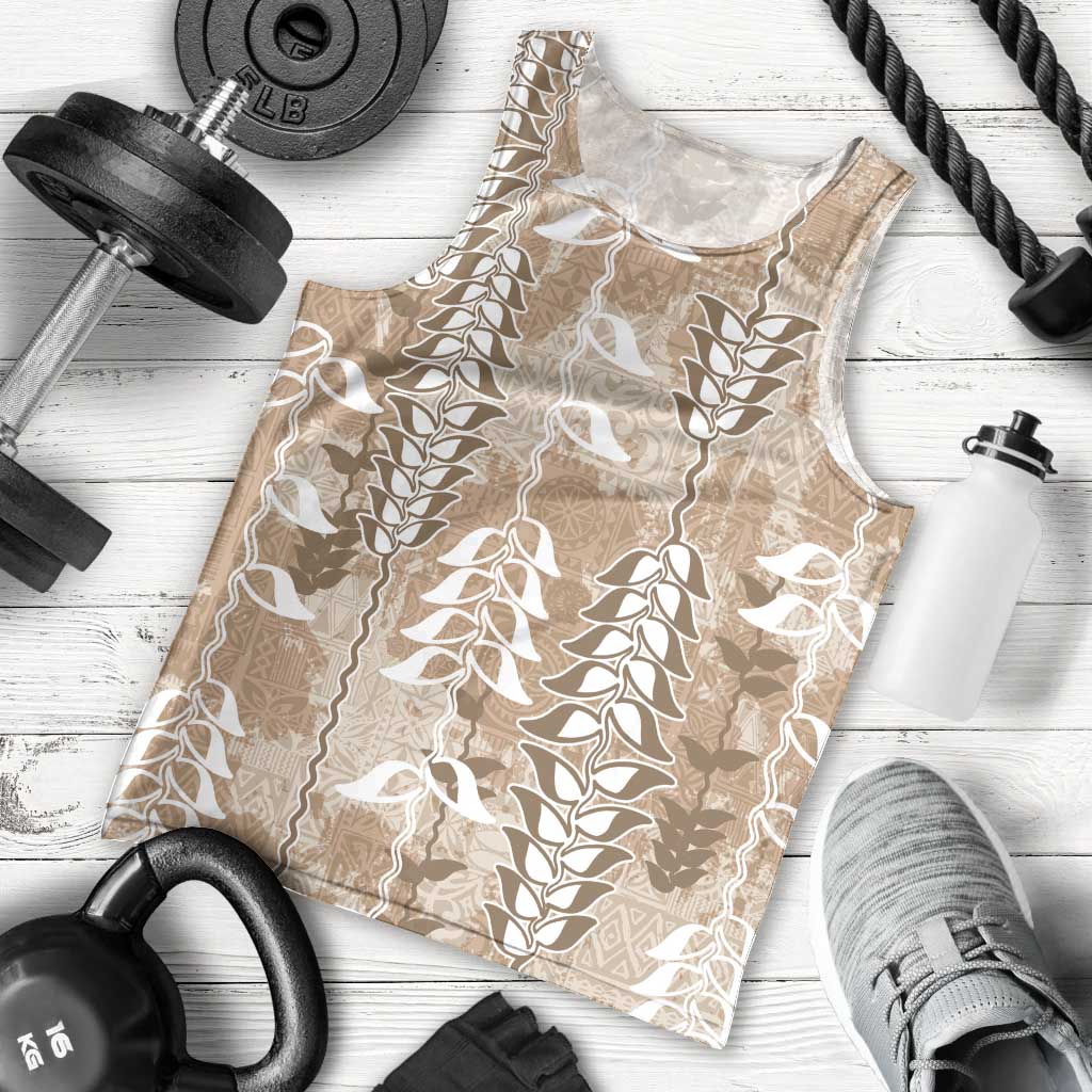 Beige Hawaii Tapa Pattern Men Tank Top With Heliconia Vintage Style LT05 - Polynesian Pride
