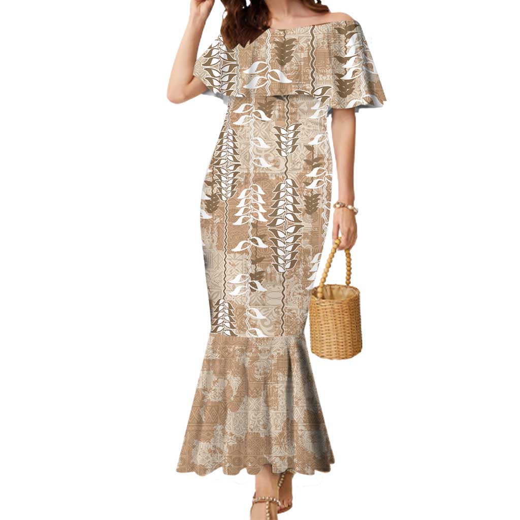Beige Hawaii Tapa Pattern Mermaid Dress With Heliconia Vintage Style LT05 Women Beige - Polynesian Pride
