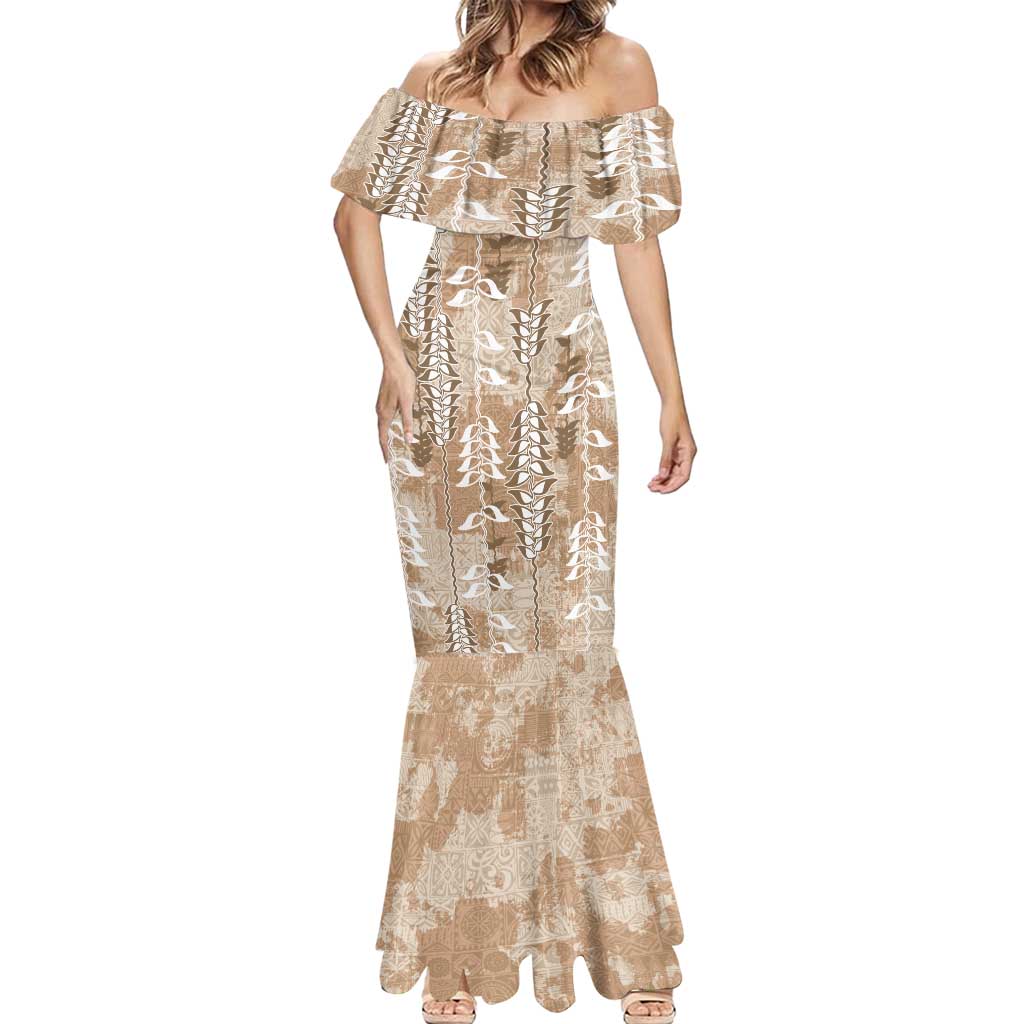 Beige Hawaii Tapa Pattern Mermaid Dress With Heliconia Vintage Style LT05 - Polynesian Pride