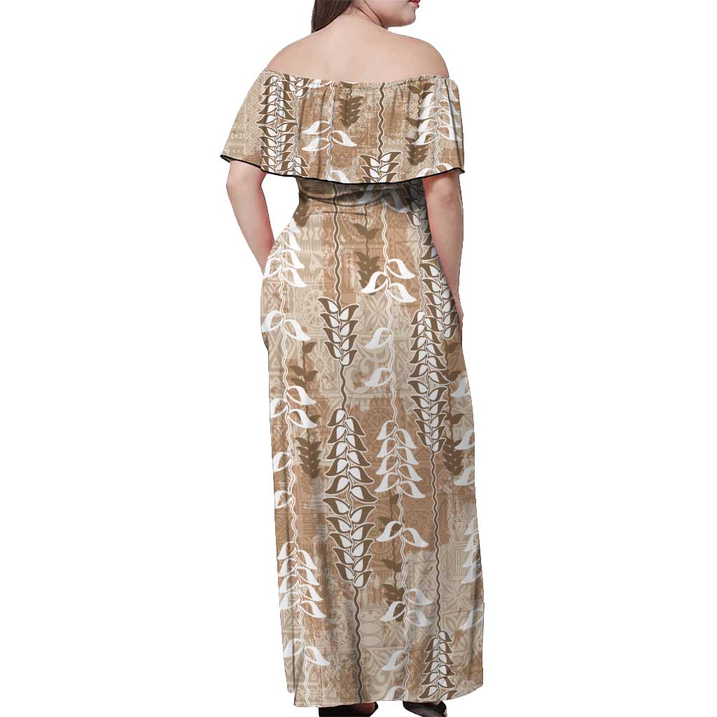 Beige Hawaii Tapa Pattern Off Shoulder Maxi Dress With Heliconia Vintage Style LT05 - Polynesian Pride