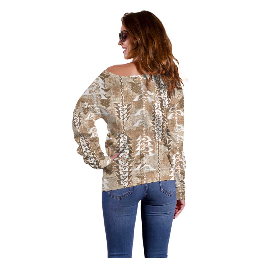 Beige Hawaii Tapa Pattern Off Shoulder Sweater With Heliconia Vintage Style LT05 - Polynesian Pride