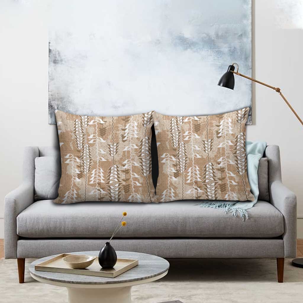 Beige Hawaii Tapa Pattern Pillow Cover With Heliconia Vintage Style