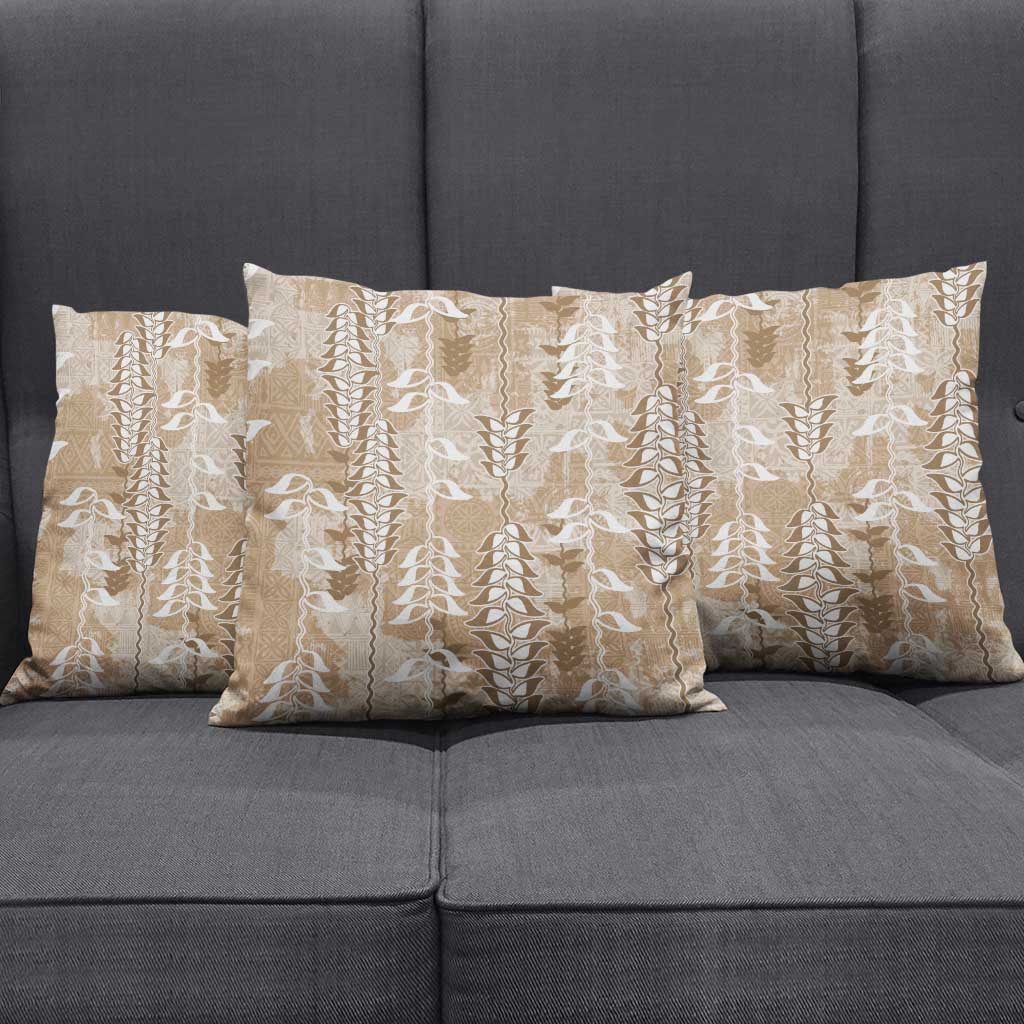 Beige Hawaii Tapa Pattern Pillow Cover With Heliconia Vintage Style