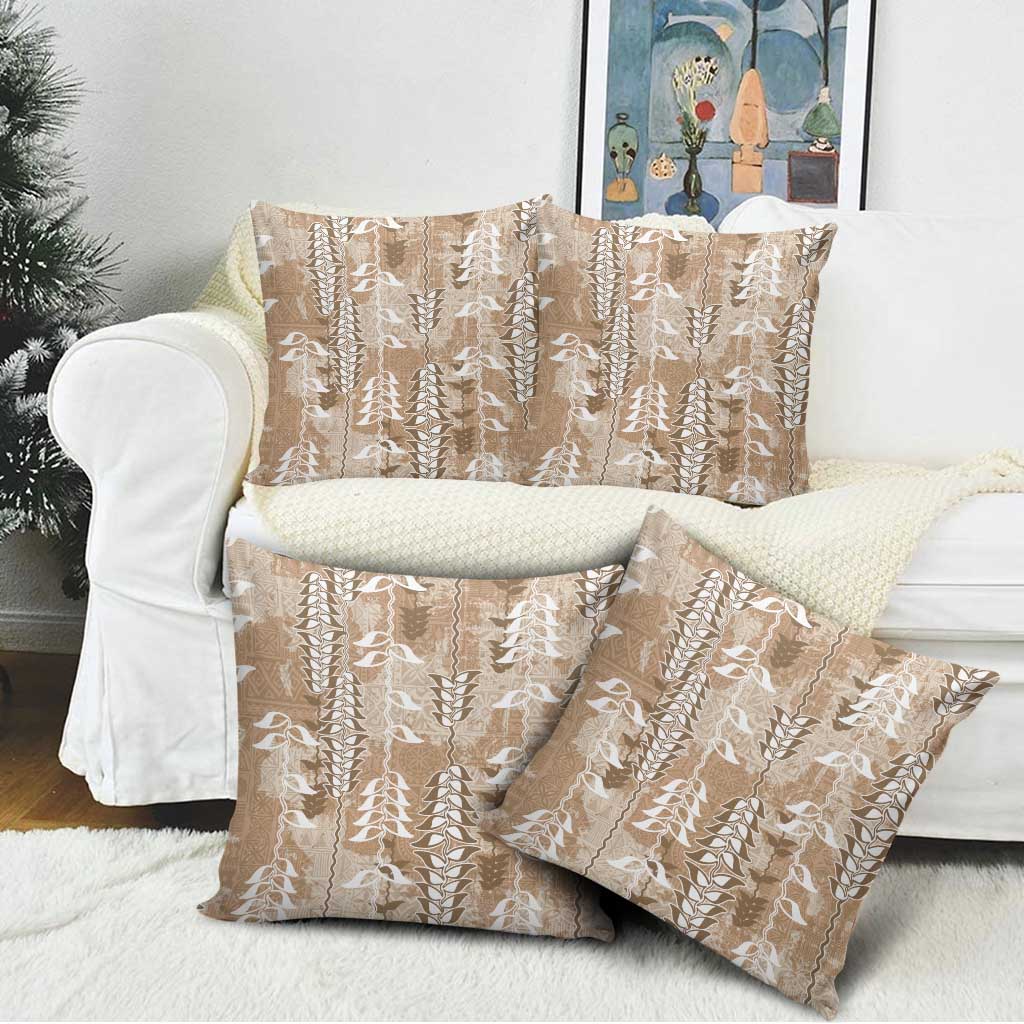 Beige Hawaii Tapa Pattern Pillow Cover With Heliconia Vintage Style