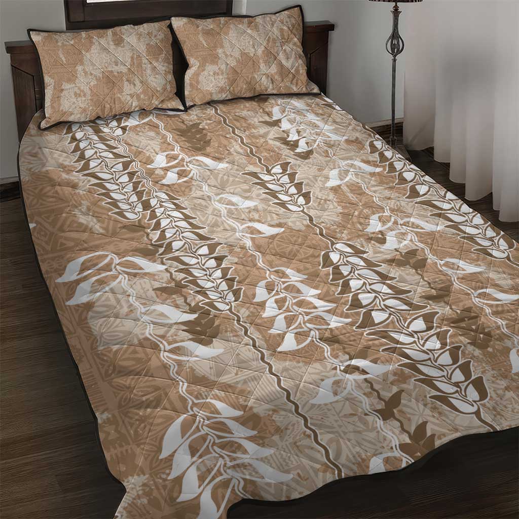 Beige Hawaii Tapa Pattern Quilt Bed Set With Heliconia Vintage Style LT05 Beige - Polynesian Pride