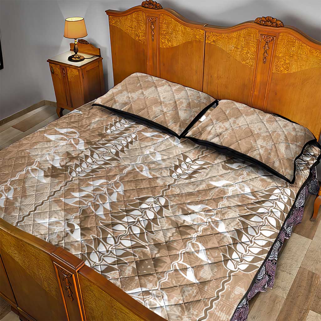 Beige Hawaii Tapa Pattern Quilt Bed Set With Heliconia Vintage Style LT05 - Polynesian Pride