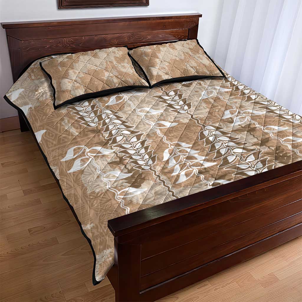 Beige Hawaii Tapa Pattern Quilt Bed Set With Heliconia Vintage Style LT05 - Polynesian Pride