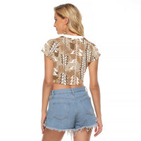 Beige Hawaii Tapa Pattern Raglan Cropped T Shirt With Heliconia Vintage Style LT05 - Polynesian Pride